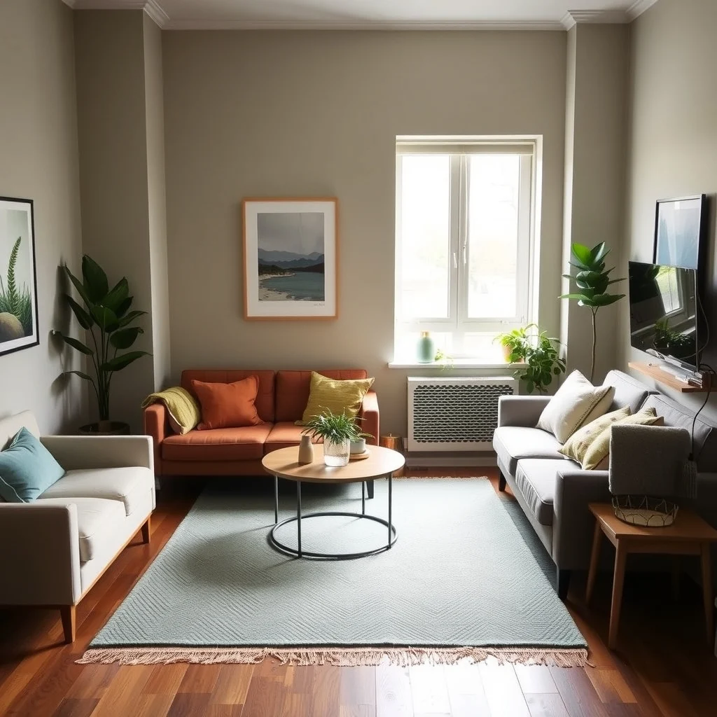 Studio Apartment Ideas for Entertaining Guests Without Feeling Cramped interior: 6. Strategic Rug Placement to Define Zones - Area rugs are an inexpensive way to delineate a living area from a sleeping nook without erecting physical barriers. A low‑pile rug in a muted teal or soft terracotta anchors the seating cluster, while a
