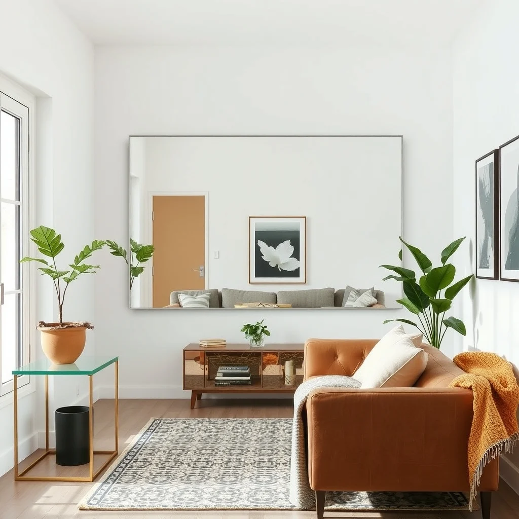 Studio Apartment Ideas for Entertaining Guests Without Feeling Cramped interior: 7. Mirrors and Reflective Surfaces to Open Space - Placing a large rectangular mirror on the wall opposite the main seating area reflects both natural light and the activity within the room, making the studio feel wider. A frameless glass console or a brushed‑nickel