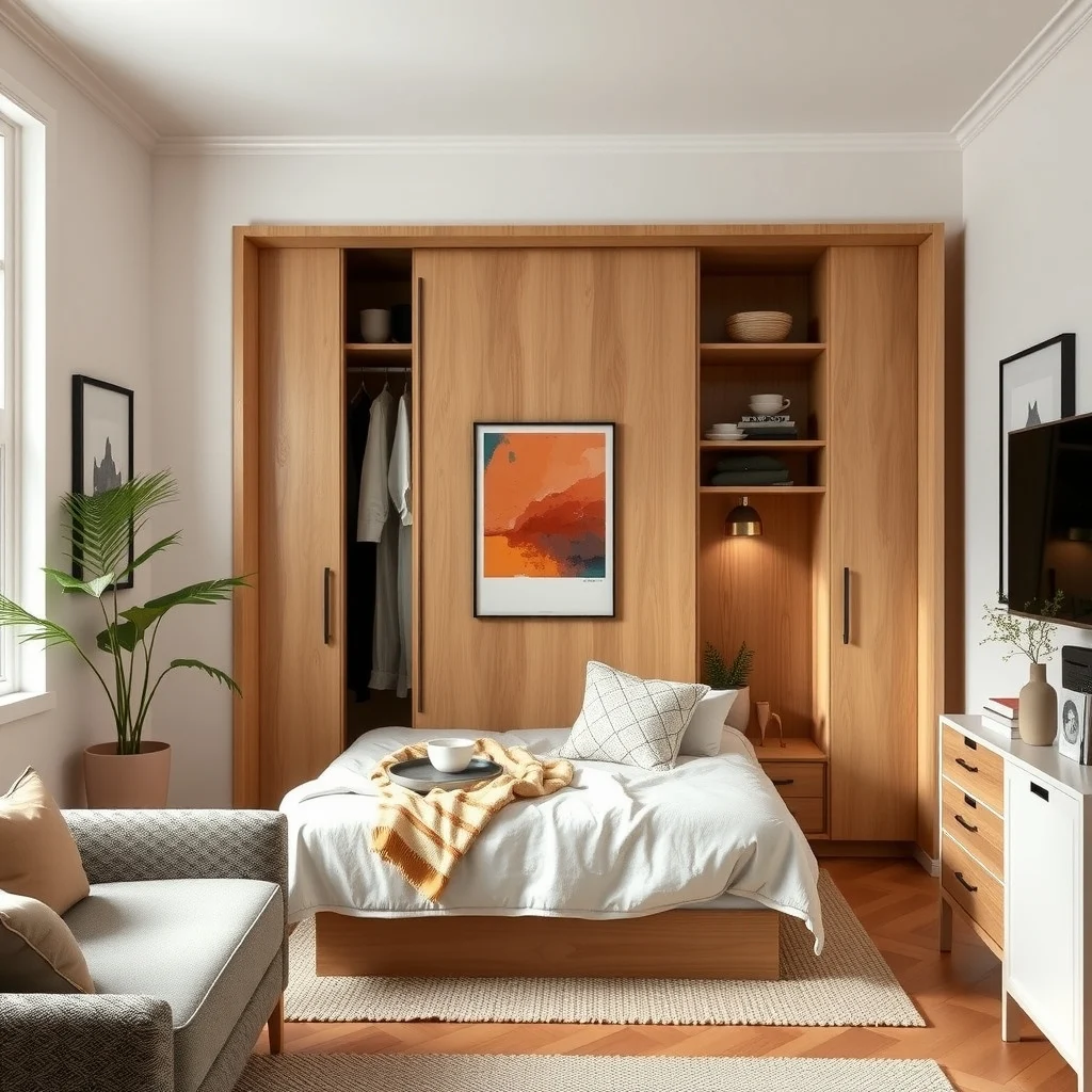 Studio Apartment Ideas for Hiding Everyday Mess Before Guests Arrive interior: 6. Convertible Murphy Bed with Integrated Closet - A Murphy bed that folds up into a wall unit often includes built‑in closets or shelving, turning the sleeping area into a functional storage hub. When the bed is down, the closet doors remain closed,