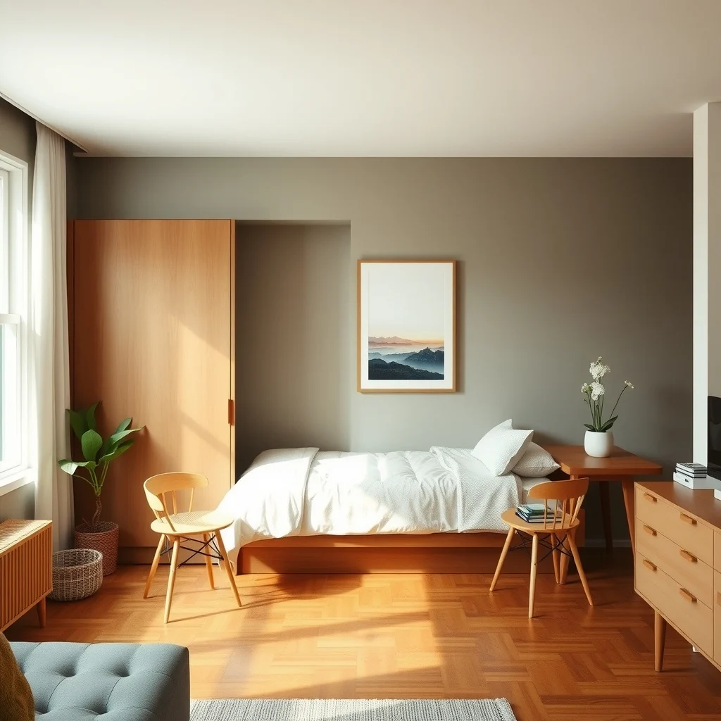 Studio Apartment Layout Ideas for a Bed Beside the Kitchen interior: 2. Use a Sliding or Pocket Door to Separate the Bed - A sliding door that tucks into the wall can provide a clean visual break without consuming floor space. Frosted glass or a matte panel adds privacy while still allowing natural light to filter through, preventing