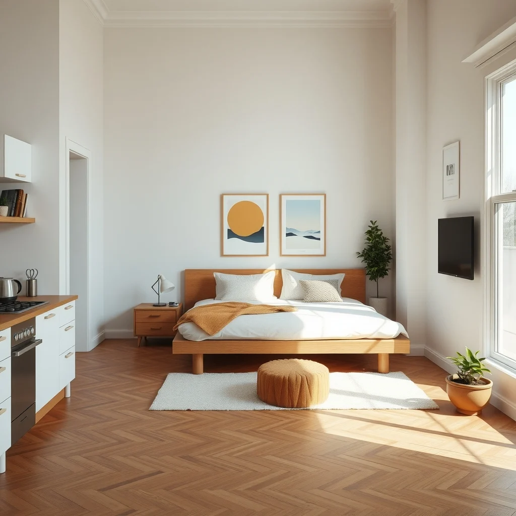Studio Apartment Layout Ideas for a Bed Beside the Kitchen interior: 3. Employ a Low‑Profile Platform Bed that Blends with Flooring - A platform bed that sits just a few inches above the floor can make the sleeping area feel like an extension of the living surface rather than a separate piece of furniture. Opt for a