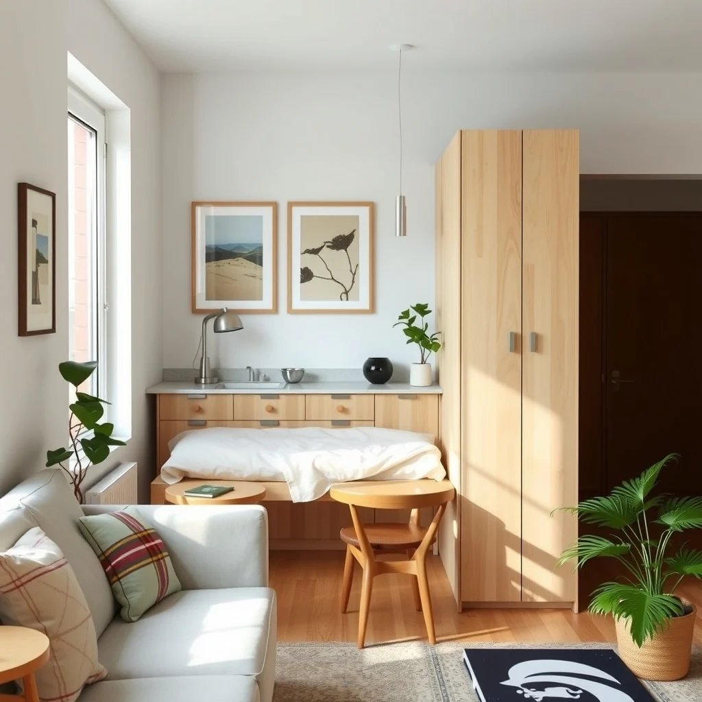 Studio Apartment Layout Ideas for a Bed Beside the Kitchen interior: 4. Position a Compact Kitchen Island as a Visual Divider - A narrow island placed between the stove and the bed acts like a built‑in room separator while still serving a functional purpose. Choose a countertop material that contrasts gently with the surrounding cabinets—perhaps a warm