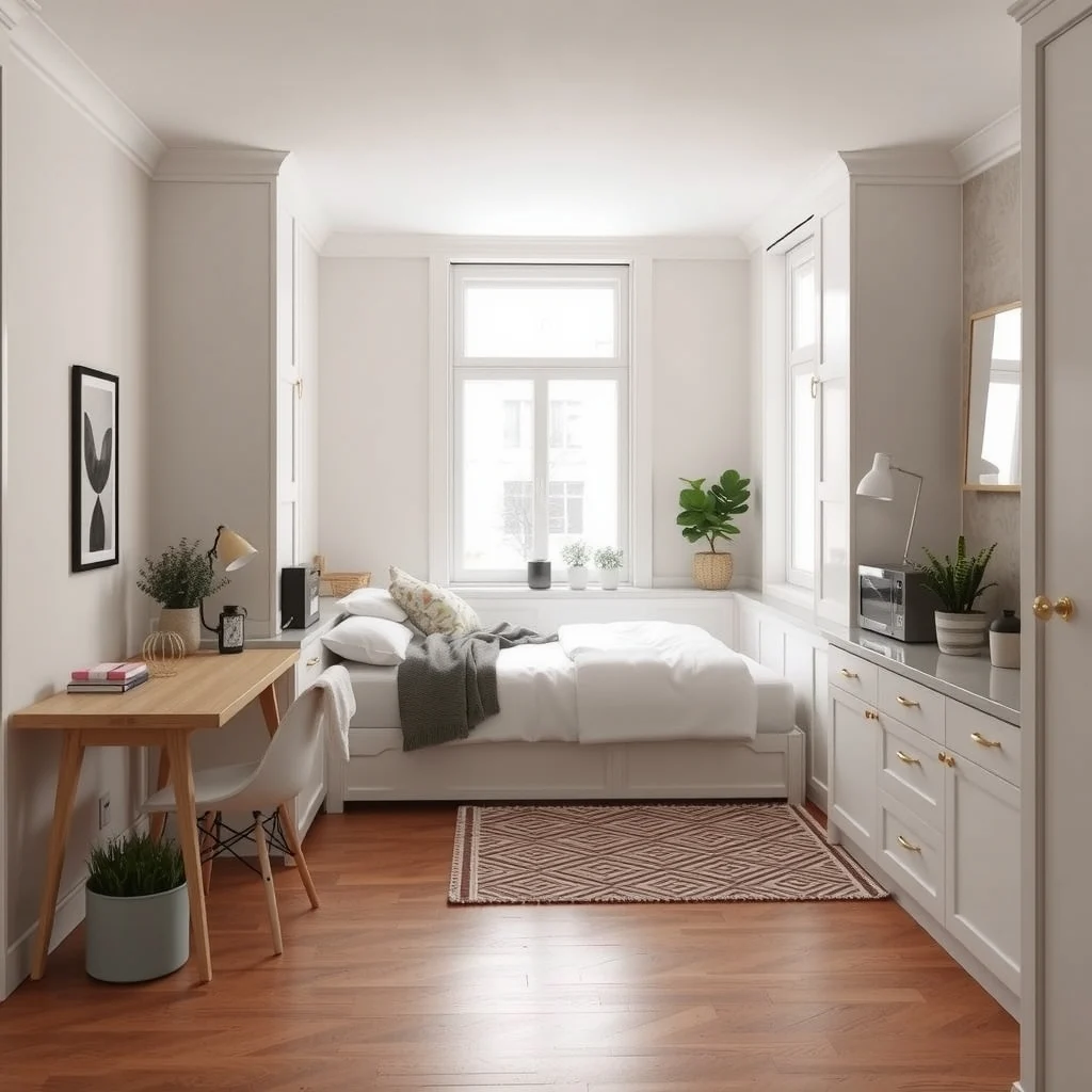 Studio Apartment Layout Ideas for a Bed Beside the Kitchen interior: 5. Incorporate Built‑In Storage That Frames the Bed - Custom cabinetry that wraps around the bed on two sides can turn the sleeping zone into a built‑in alcove. By extending the kitchen’s upper cabinets or adding low cupboards that match the same finish, the