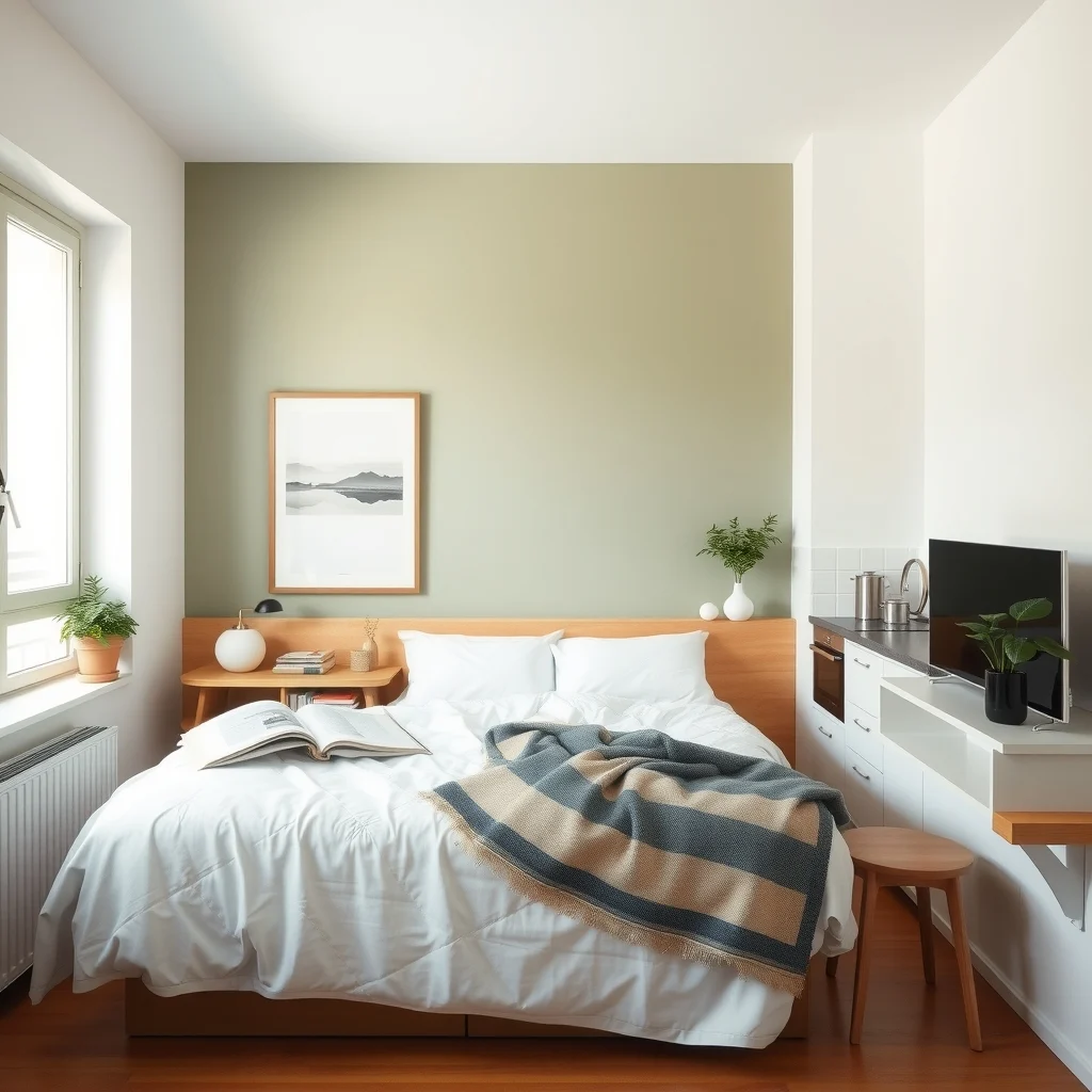 Studio Apartment Layout Ideas for a Bed Beside the Kitchen interior: 6. Play with Contrasting Color Zones to Mark the Sleep Area - Painting the wall behind the bed in a muted shade—such as a soft sage or a warm greige—while keeping the kitchen walls in a crisp white creates an effortless visual partition. The color difference draws