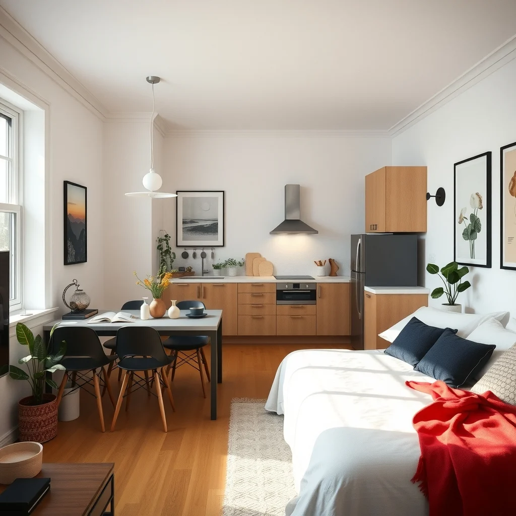 Studio Apartment Layout Ideas for a Bed Beside the Kitchen interior: 7. Layer Lighting to Distinguish Nighttime and Cooking Zones - Strategic lighting can delineate the two functions as clearly as any wall. Install a dimmable pendant or a small chandelier over the dining side of the kitchen, and add a pair of wall sconces or