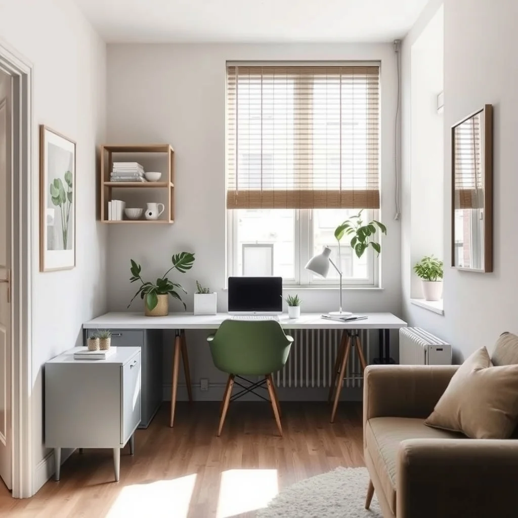 Studio Apartment Layout Ideas for Separating Work and Relaxation interior: 5. Position the Desk Near a Window to Use Natural Light as a Divider - Placing the work surface close to a window leverages daylight as both a functional and psychological barrier. When the blinds are open, the bright window creates a distinct zone that feels separate from the dimmer,