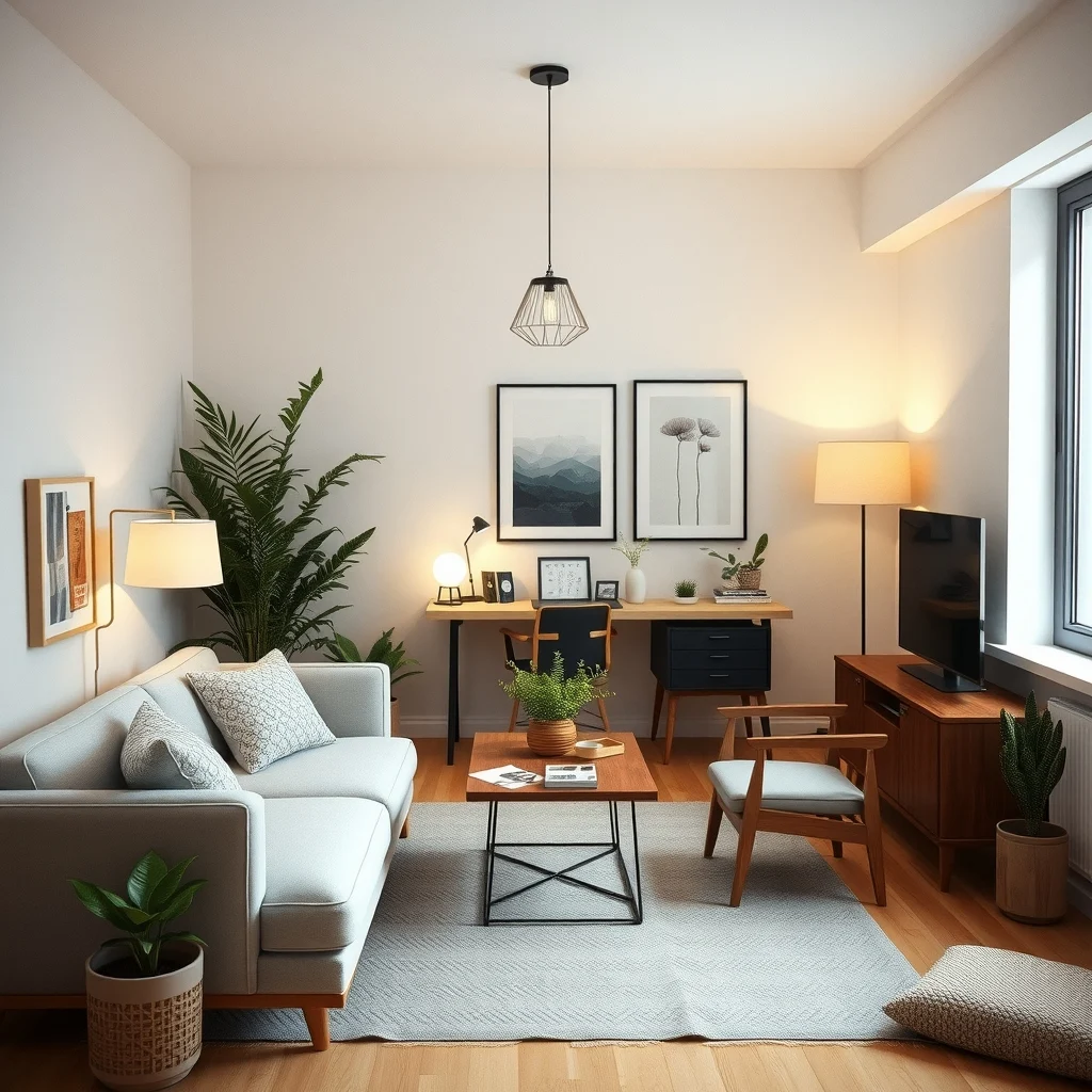 Studio Apartment Layout Ideas for Separating Work and Relaxation interior: 7. Add Ambient Lighting Layers to Signal Different Activities - Lighting can cue your brain to transition from work mode to unwind mode. Install a pendant light or a small chandelier over the work area to provide focused illumination, then use floor lamps with dimmer