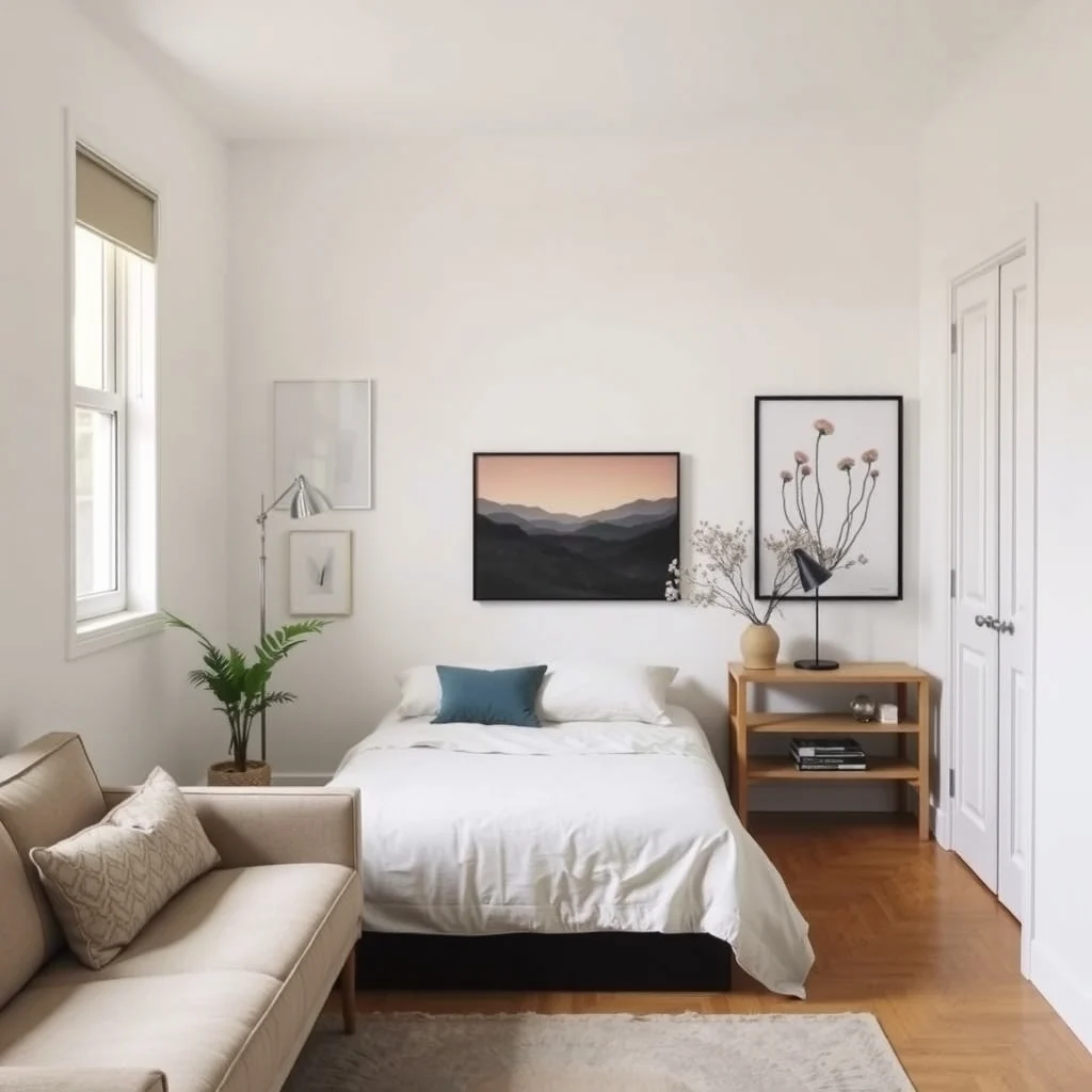 Studio Apartment Layout Ideas With the Bed Away From the Front Door interior: 7. Arrange a Multi‑Purpose Console Table Near the Door - A narrow console placed parallel to the front wall can serve as a transitional piece that subtly pushes the bed farther into the space. Use the top for a decorative tray, a small vase, or