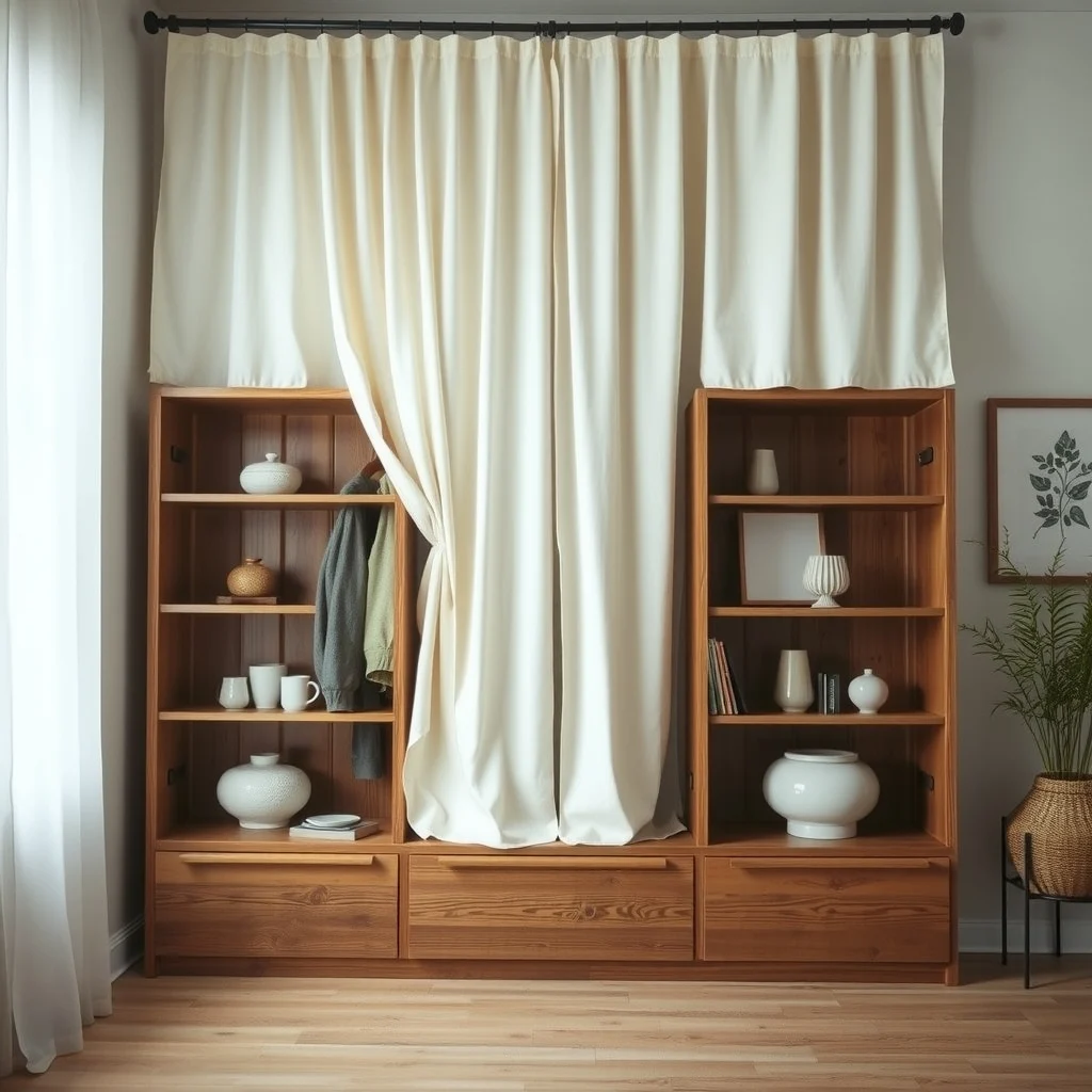 Sturdy wooden bookshelf cloaked by a floor to ceiling ivory linen curtain the curtain drapes gently hinting at hidden coats while lower shelves showcase decorative ceramics diffused daylight highlights the serene boho minimalist look