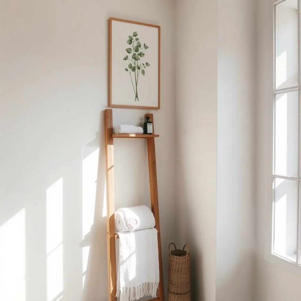 Sunlit bathroom corner with a reclaimed oak ladder shelf leaning against a white wall rolled white and pastel towels draped over rungs soft natural light subtle eucalyptus botanical print above