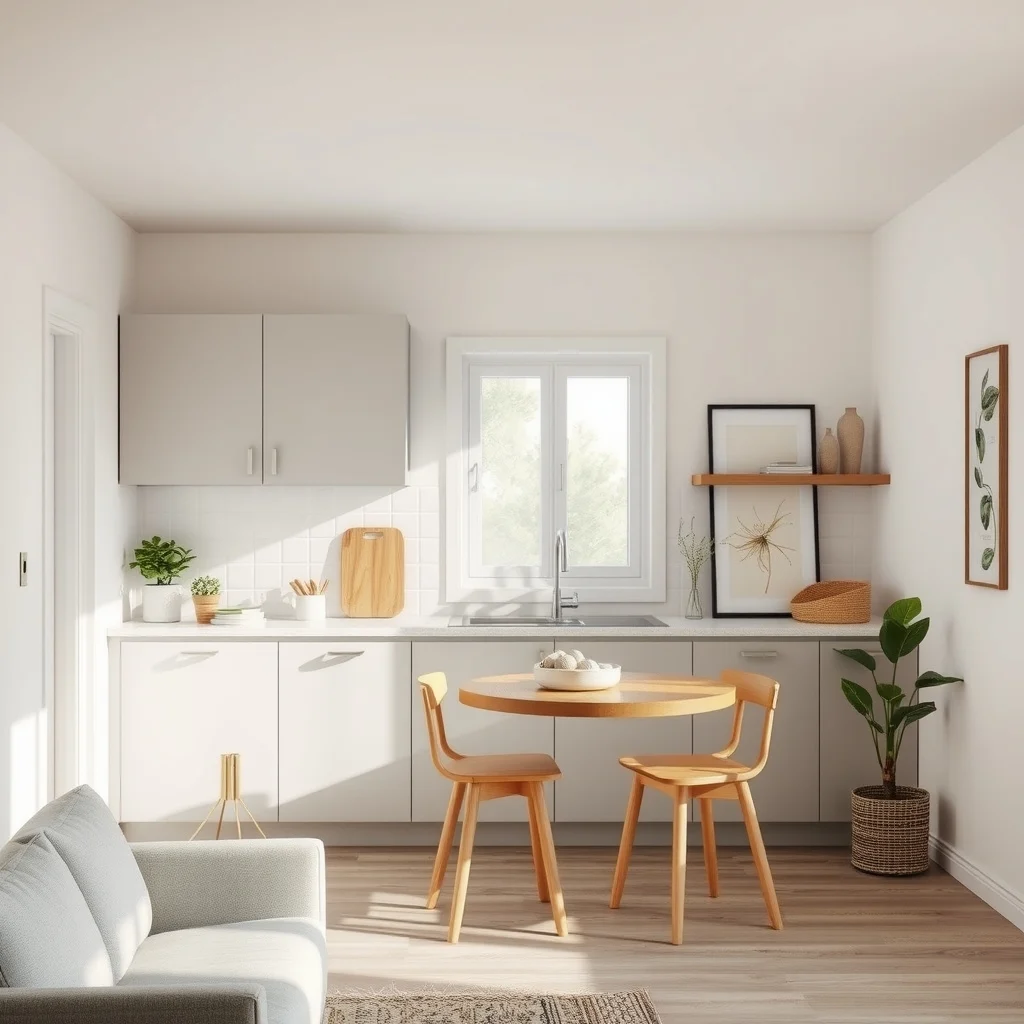 Sunlit kitchen view featuring sleek light gray painted laminate cabinets subtle sheen matte finish soft natural light from a nearby window minimalistic layout and a thin peel and stick tile accent behind