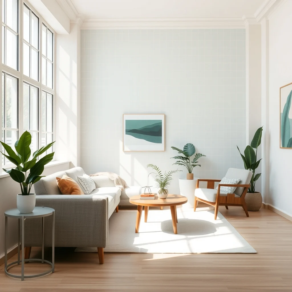 Sunlit living room featuring a pastel geometric peel and stick wallpaper subtle teal grid against off white walls minimalistic mid century sofa natural wood coffee table soft ambient daylight from large window