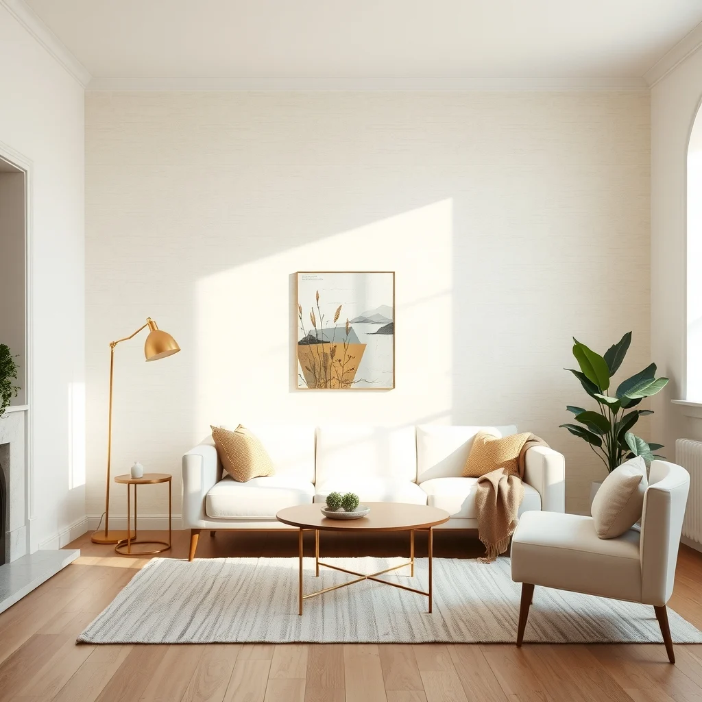 Sunlit living room featuring a single accent wall covered in subtle linen texture peel and stick wallpaper warm ivory tones sleek white sofa brass floor lamp and a small abstract gold on gray art piece