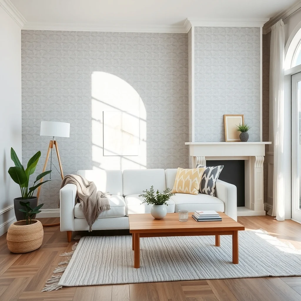 Sunlit living room showcases a feature wall of subtle geometric grey peel and stick wallpaper paired with a sleek white sofa light oak coffee table and a small abstract botanical print above the mantle