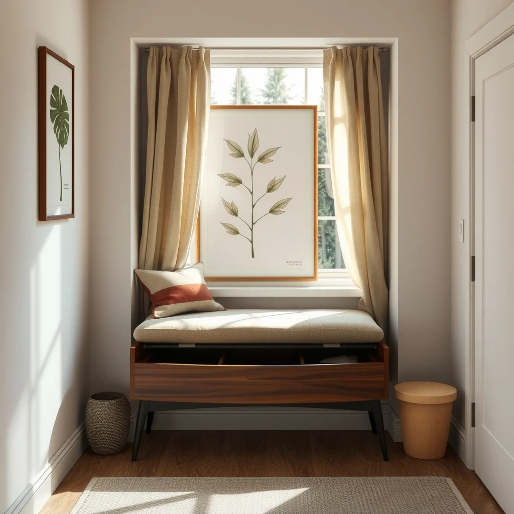 Sunlit mid century window seat with low walnut backrest plush taupe cushion and a shallow hinged lid revealing hidden compartments soft sheer curtains abstract botanical print behind warm morning glow
