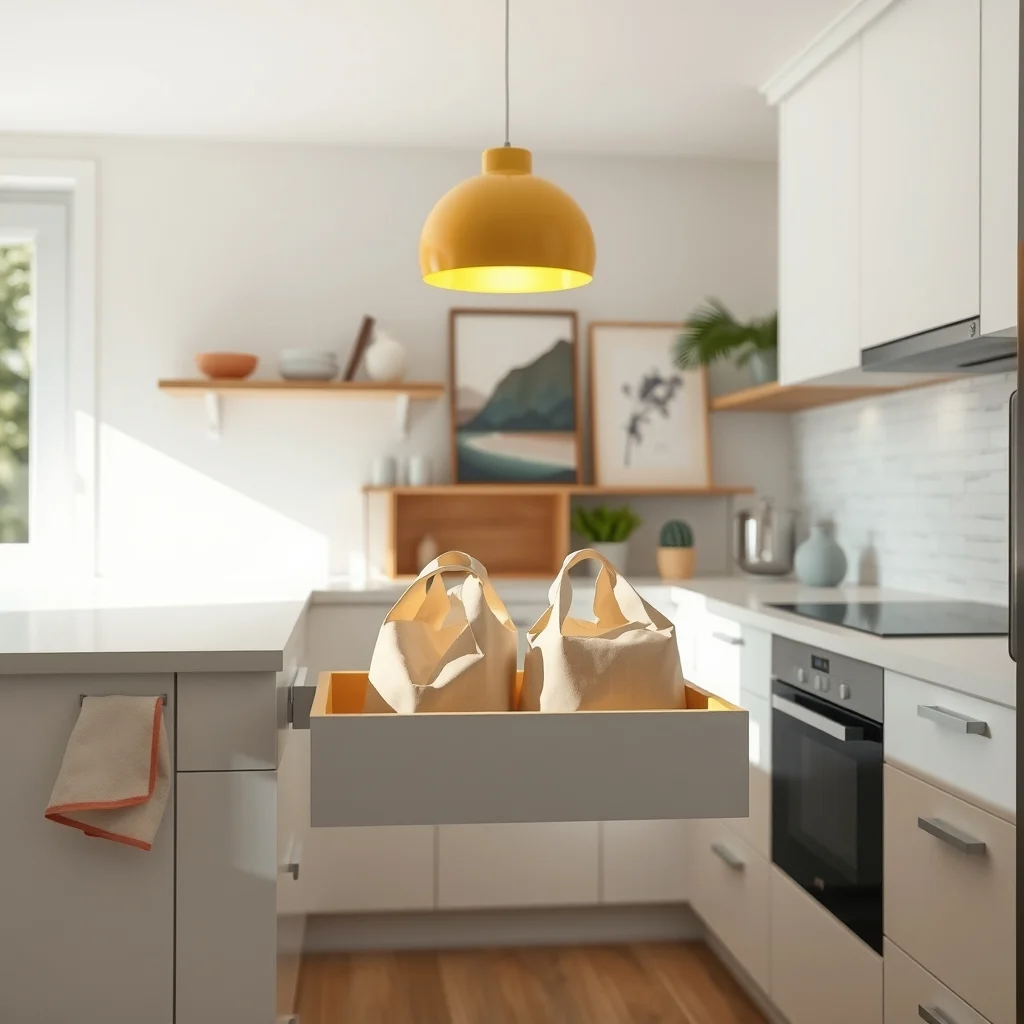 Sunlit modern kitchen with soft white cabinets open pull out drawer reveals thin bamboo divider creating two shallow slots holding pastel reusable bags neatly illuminated by a warm overhead pendant
