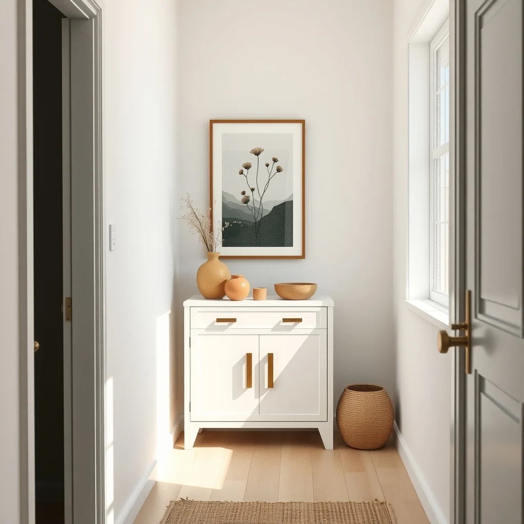 Sunlit narrow hallway nook features a matte white shallow cabinet with brushed brass handles soft LED strip lighting and a small abstract botanical print above emphasizing minimalist Scandinavian style