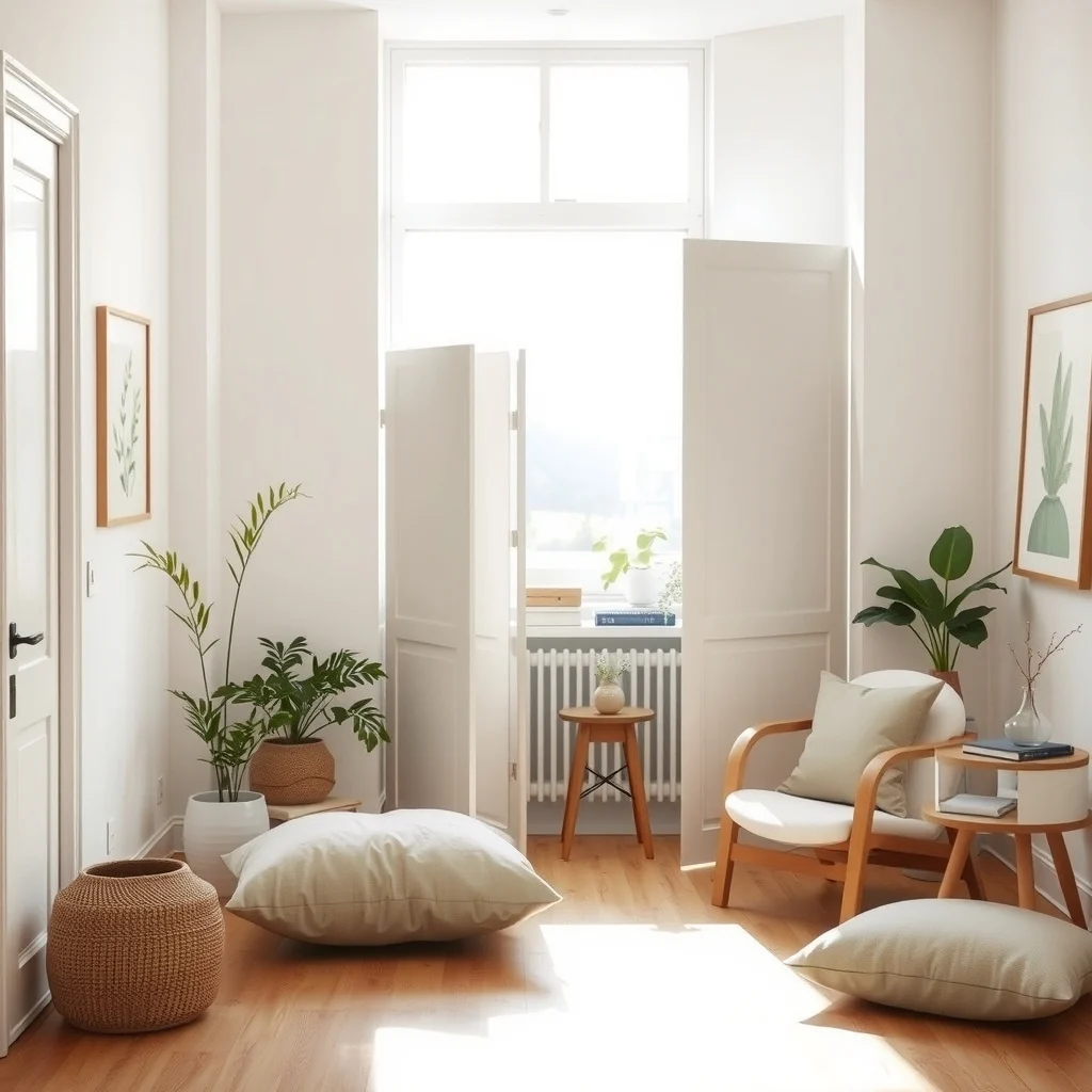 Sunlit studio corner by a large window sleek white folding screen as flexible divider light oak floor minimal Scandinavian décor soft beige cushions abstract botanical print