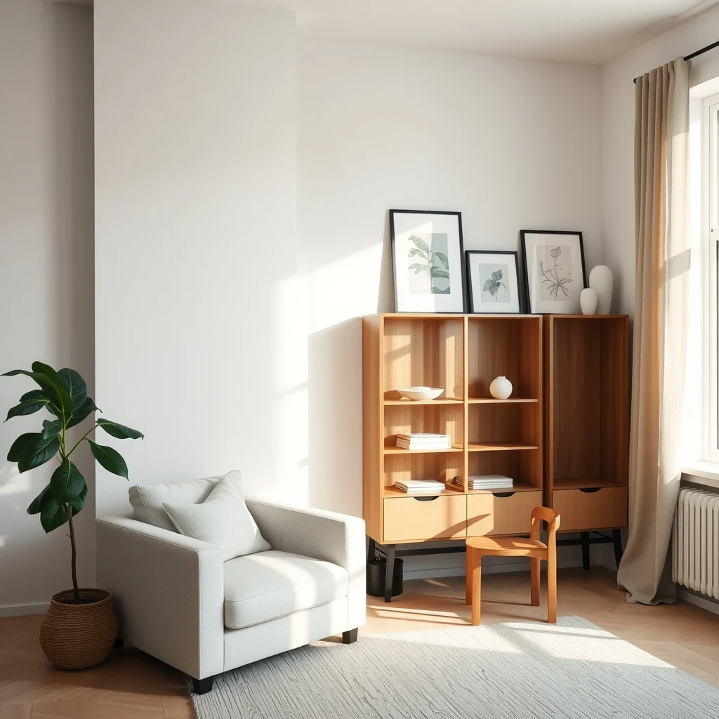 Sunlit studio corner slim walnut wooden screen separating living area open floating shelves with white ceramics tall fiddle leaf fig beside screen soft natural light streaming minimal Scandinavian vibe