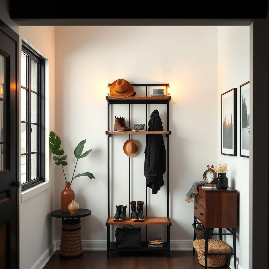 Tall high back coat rack reaches ceiling matte black metal frame with integrated reclaimed wood shelves displays boots and hats illuminated by warm amber sconces industrial modern style in a compact entryway