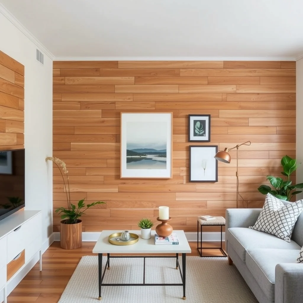 Temporary Wall Treatments That Make a Rental Apartment Feel More Personal interior: 6. Temporary Wood Slat or Shiplap Panels - Wooden slat panels, often sold as tongue‑and‑groove or shiplap, can be installed over existing walls using a combination of tension rods and removable brackets. The natural grain of pine or reclaimed oak introduces an organic