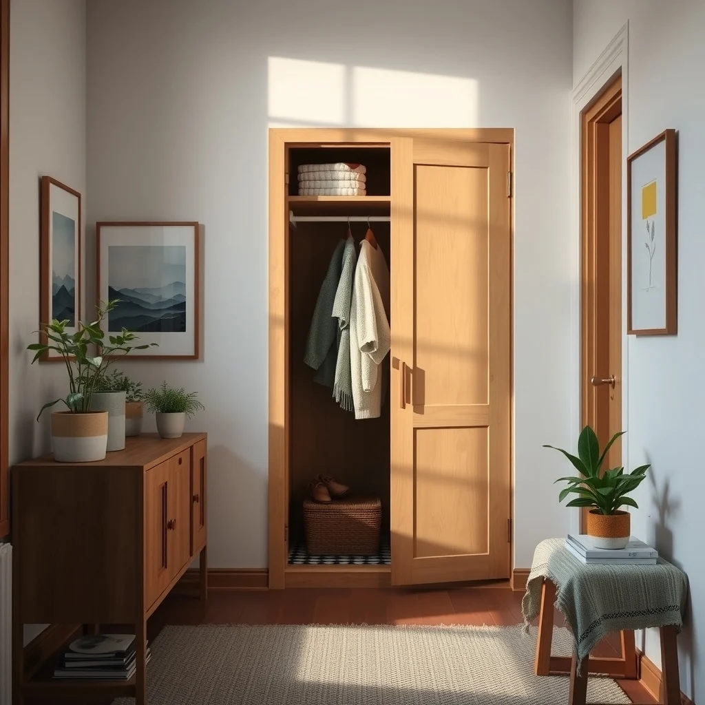 Urban apartment hallway features a slim pine wardrobe turned linen closet interior stripped to a single hanging