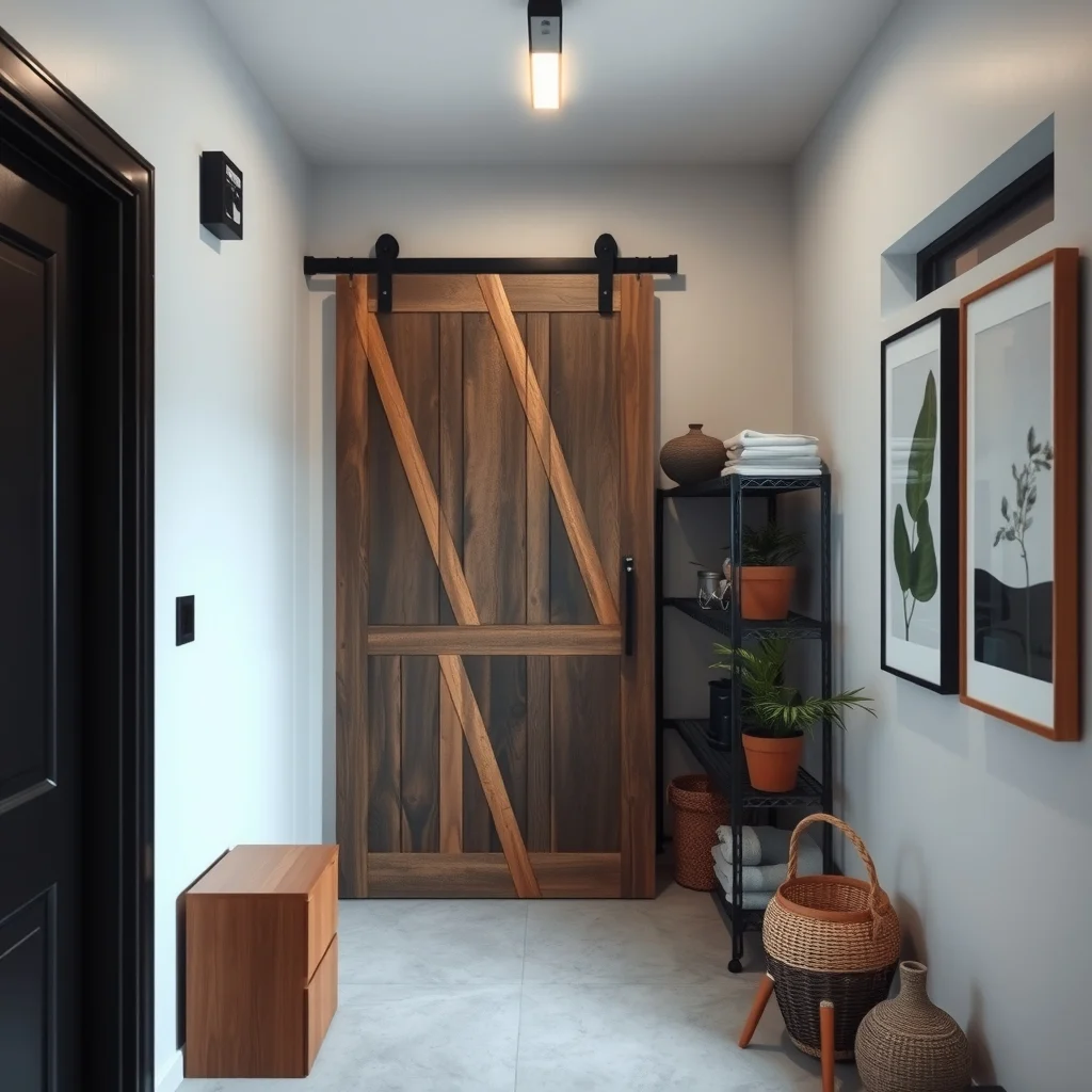 Utility hallway transformed by reclaimed laundry door sliding on black steel track matte charcoal finish concealing sleek metal shelving unit ambient LED strip along ceiling industrial modern aesthetic focus on door