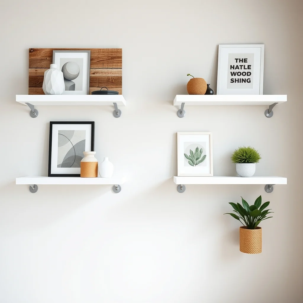 Vignette of floating white shelves anchored by hidden adhesive hooks behind each reclaimed wood decorative backboards create a rustic backdrop displaying small abstract typography prints ceramic vases and a green succulent