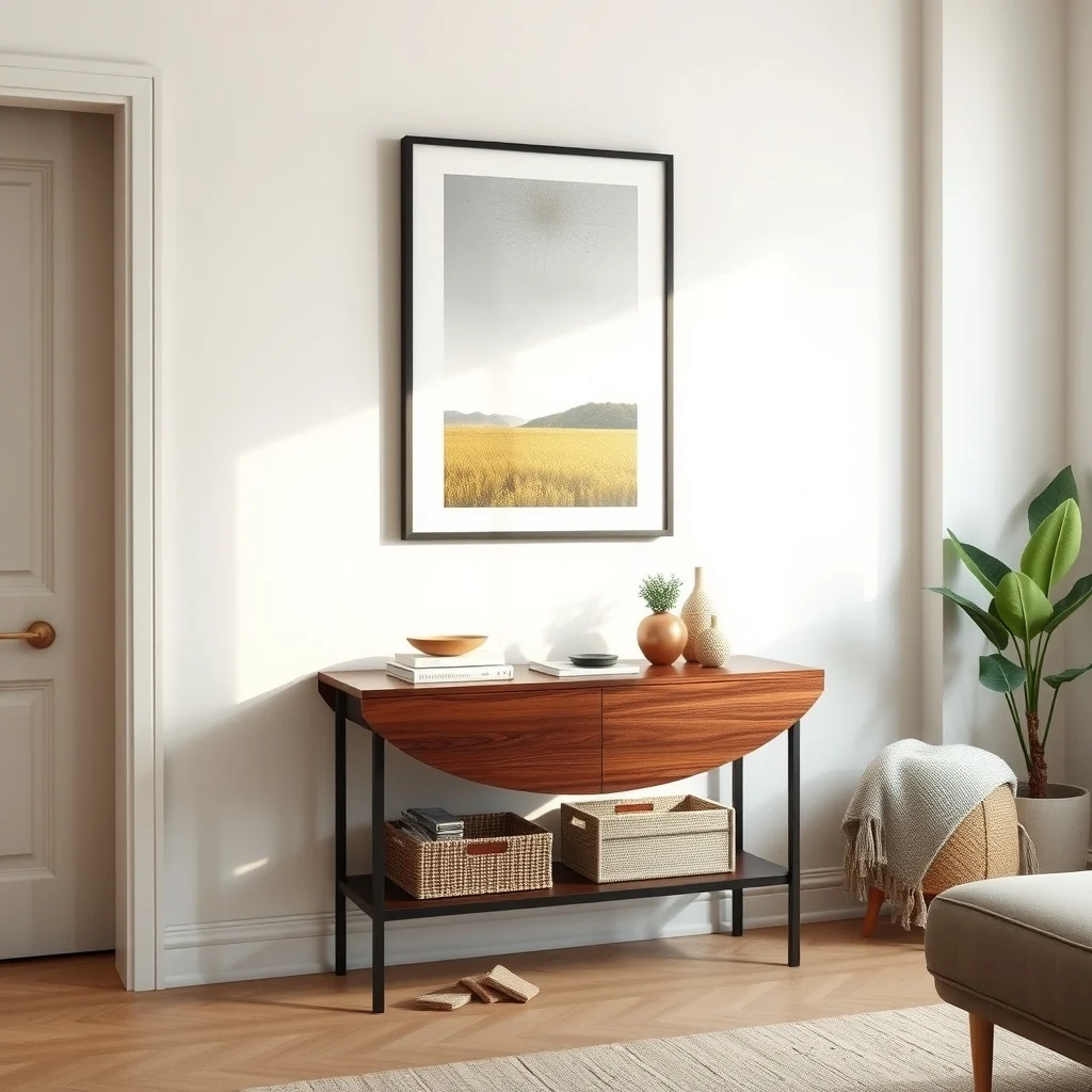Walnut veneer drop leaf table mounted on wall folded flat as sleek console minimalist industrial vibe matte black