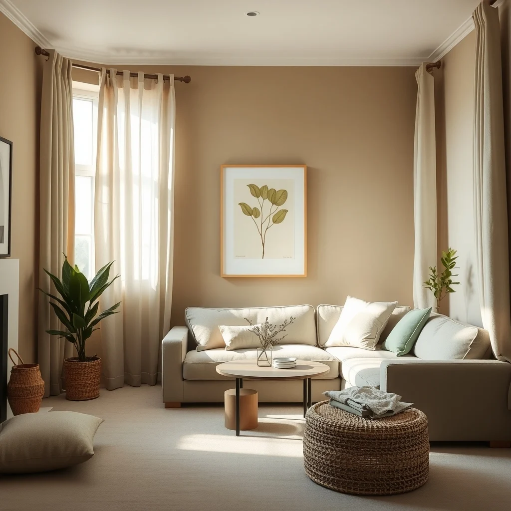 Warm greige walls muted sage sofa pale linen curtains and soft beige cushions create a seamless palette natural daylight streams through sheer window highlighting a minimal abstract botanical print above the console