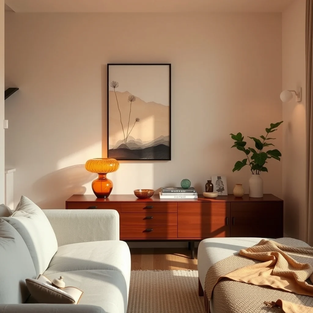 Warm Lighting Ideas for Apartments That Feel Too Cold at Night: 4. Table Lamps with Warm-Hued Glass Bases - Placing a table lamp on a sideboard or nightstand introduces localized warmth while also serving as a decorative focal point. Lamps that feature amber or smoked glass bases diffuse light through the colored material, casting
