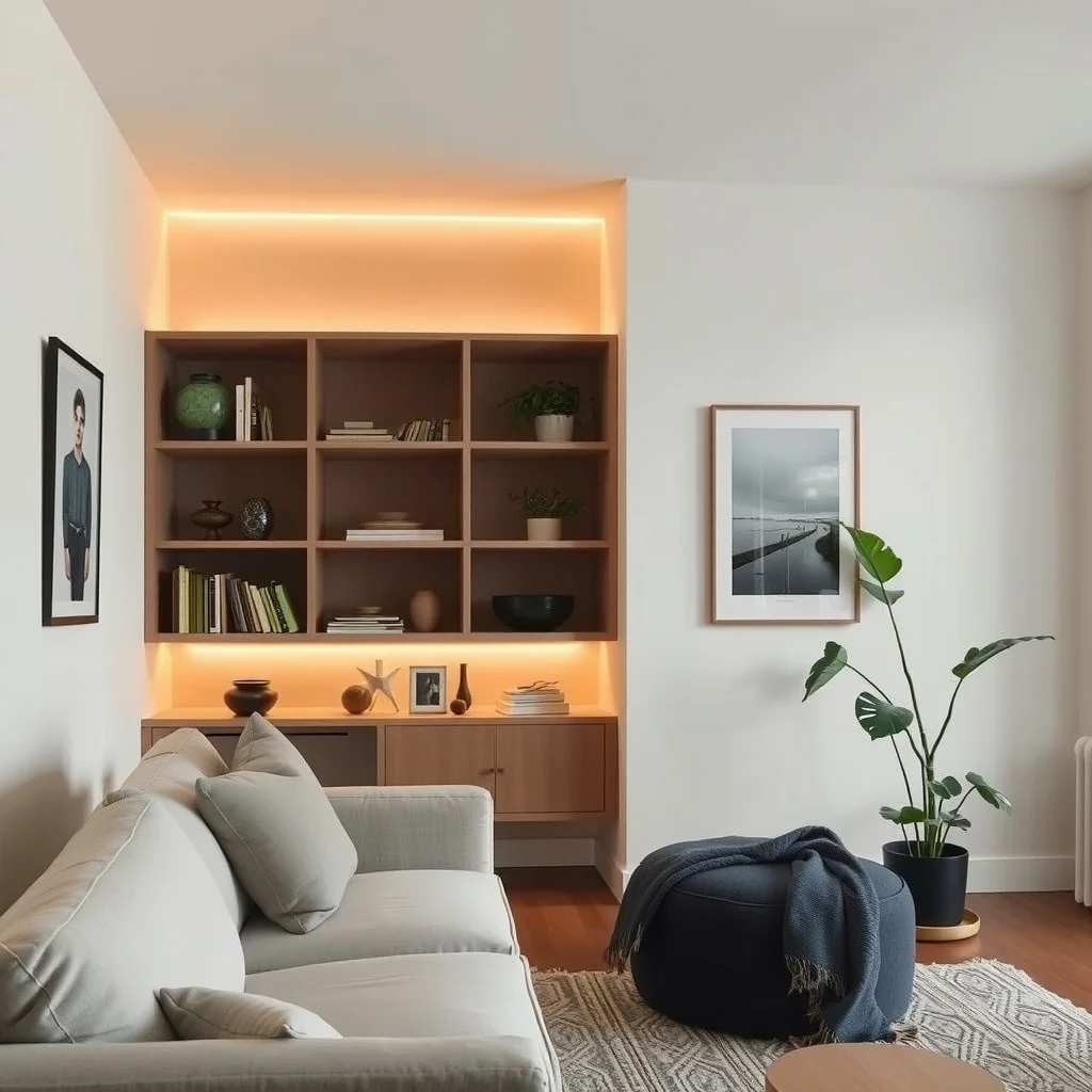 Warm Lighting Ideas for Apartments That Feel Too Cold at Night: 7. Indirect Cove Lighting Behind Shelving - Installing a thin LED strip behind floating shelves or a built‑in bookcase creates an indirect glow that washes the ceiling in a warm hue. This technique adds a layer of light that is both functional—highlighting