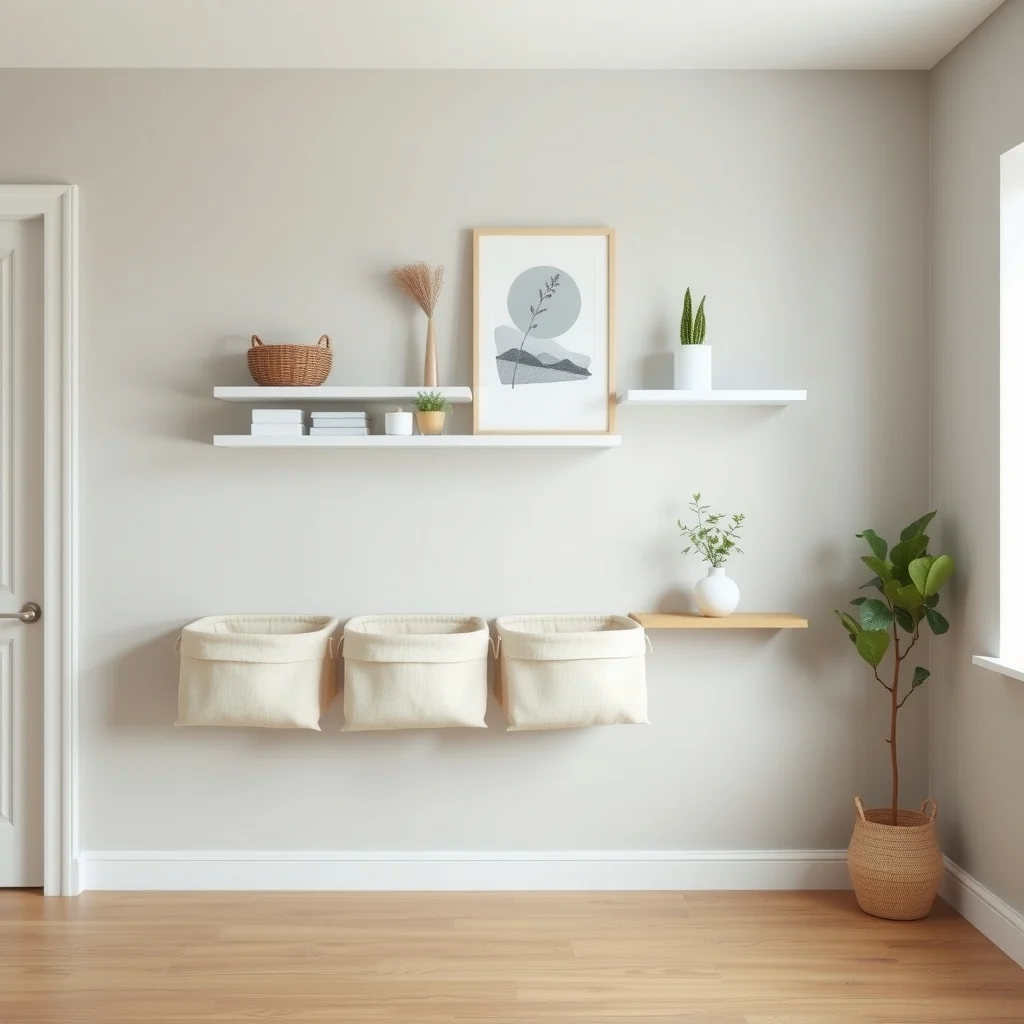 White floating shelves on a pale gray wall each topped with slim fabric lined bins tucked behind the lip minimalist Scandinavian vibe natural oak floor soft diffused daylight from adjacent window
