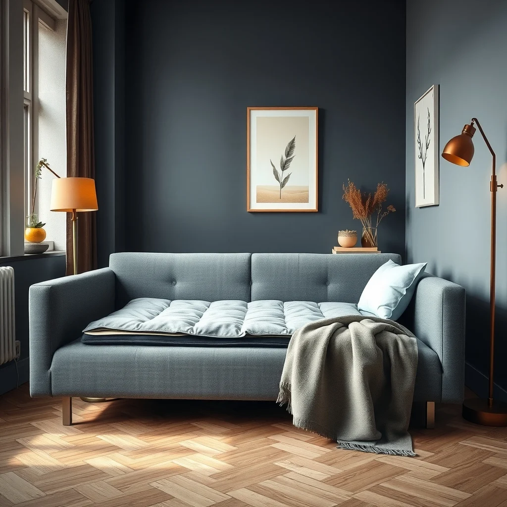 Wide-angle view of a charcoal fabric sofa bed with hidden mattress sleek metal plush backrest a folded blanket draped warm amber floor lamp beside modern urban loft aesthetic