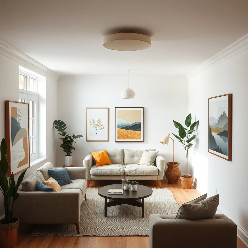 Wide-angle view of a compact living room with a low profile shallow drum ceiling fixture matte