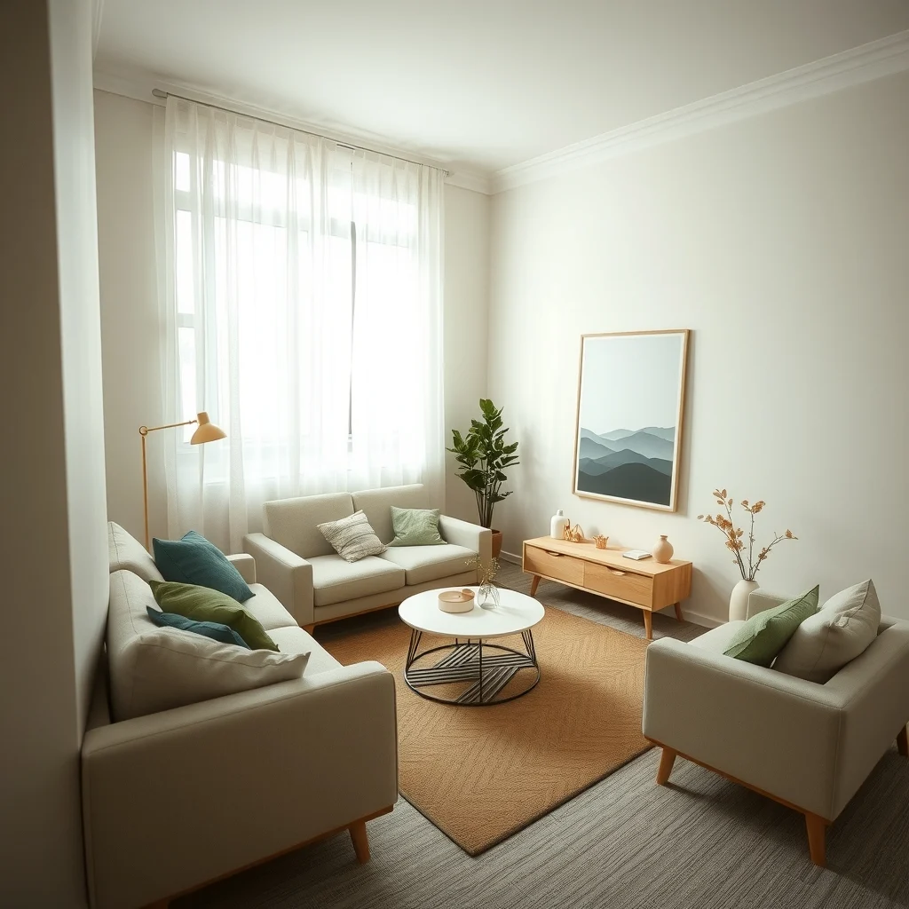 Wide-angle view of a compact living room with soft gre