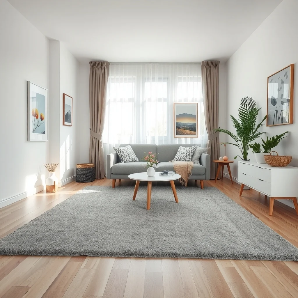 Wide-angle view of a compact studio low pile medium gray rug anchors a sleek sofa and coffee table visually separating a living zone soft natural light filters through sheer curtains