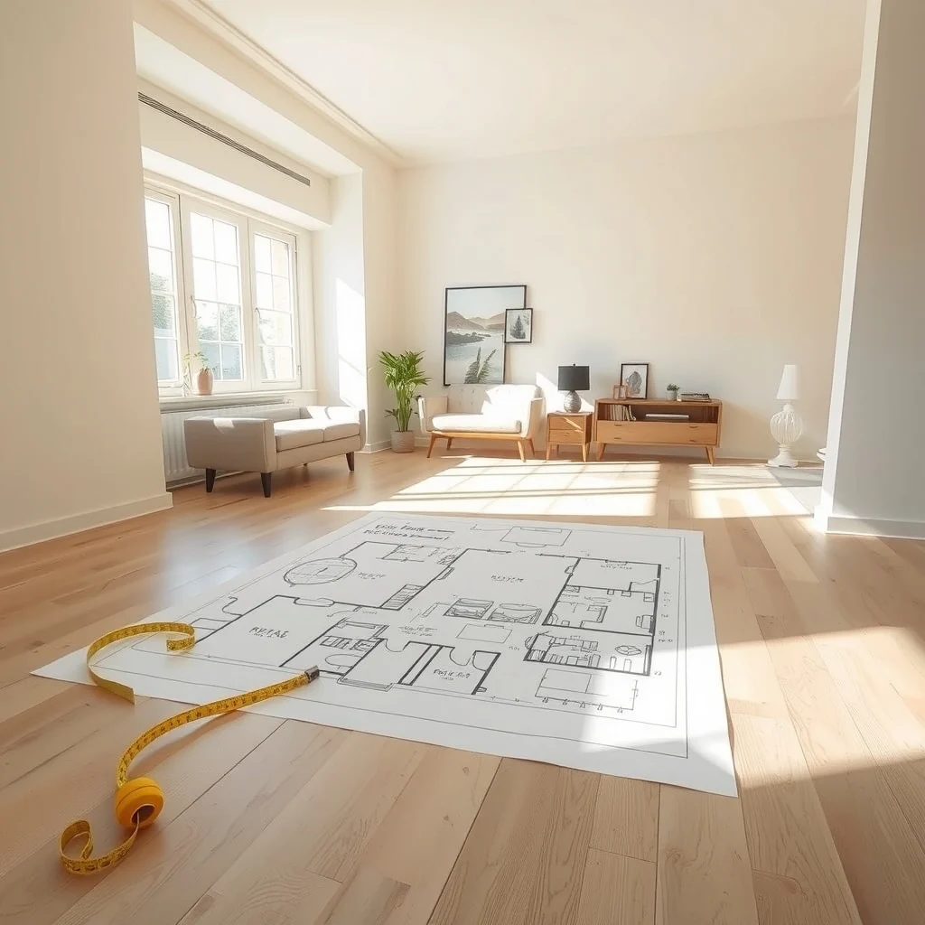 Wide-angle view of a sunlit open room with a drawn floor plan overlay on a light wood floor tape measure beside a window neutral walls soft natural light highlighting traffic pathways