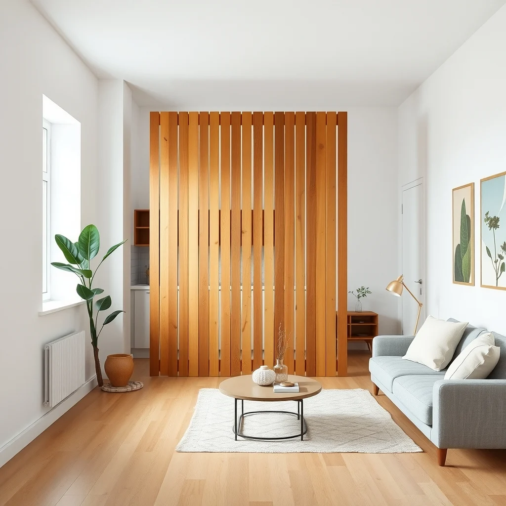 Wide-angle view of elongated studio reclaimed wood screen divider 1 5 ft tall light oak slats separating kitchen from living area soft matte white walls natural light from left window subtle teal accent plant