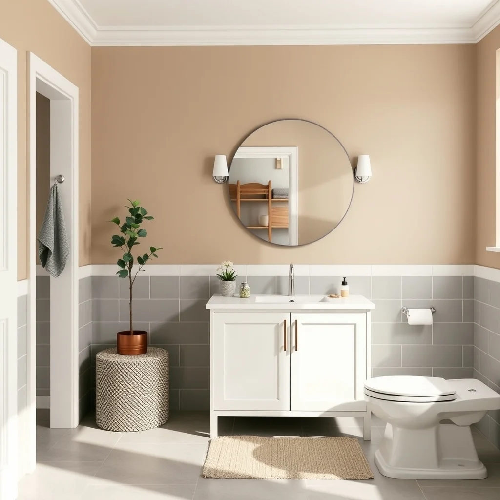 Wide rental bathroom with warm greige walls soft dove gray tiles pale sage accent stripe matte white vanity brushed nickel fixtures and a small potted eucalyptus creating a cohesive hotel like palette