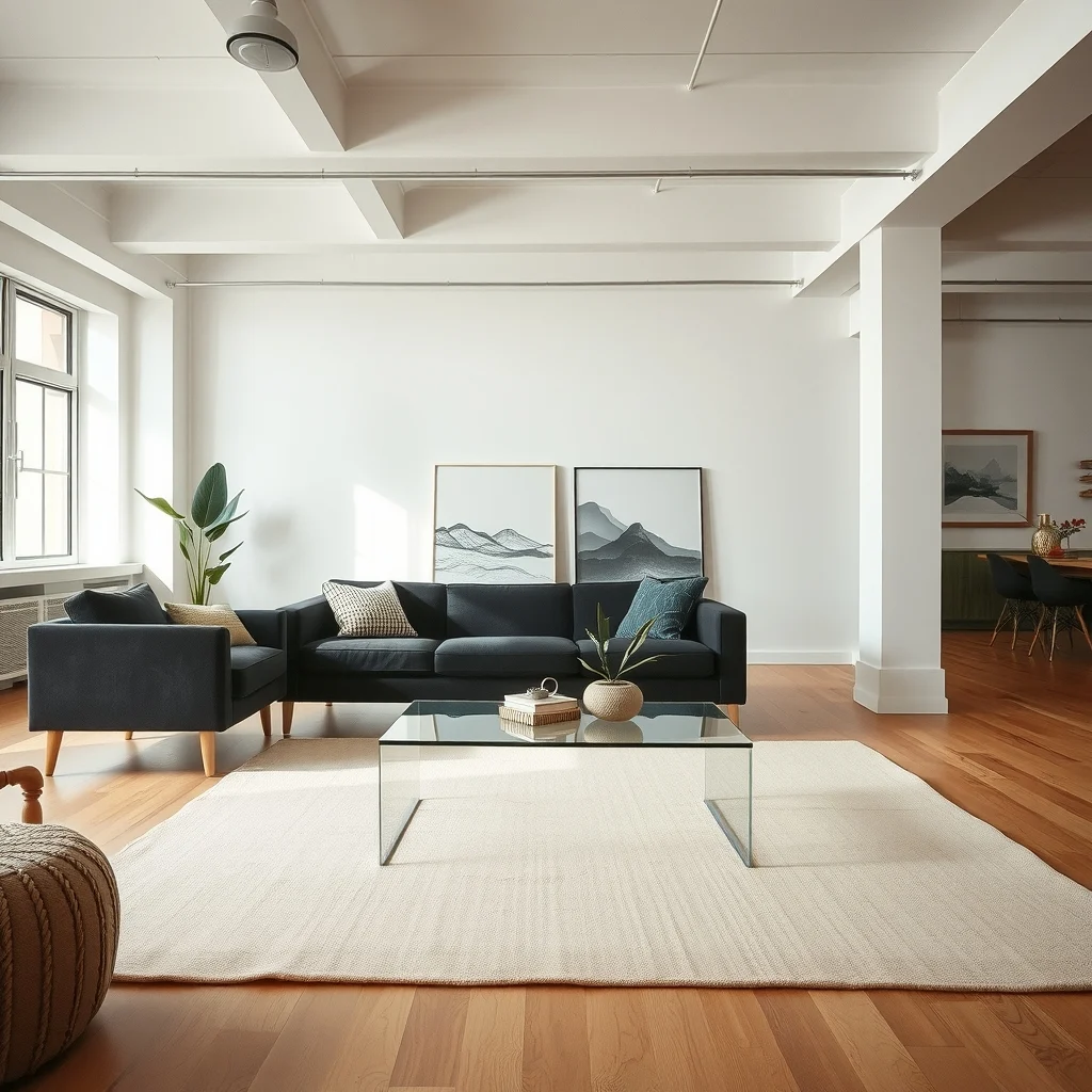 Wide shot of an open loft where a mid century sofa charcoal velvet a sleek glass coffee table acting as a visual barrier pastel rug