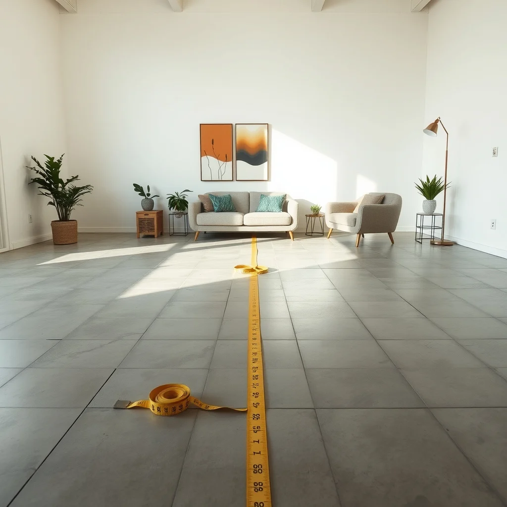 Wide studio view showing a sleek concrete floor measuring tape unrolled between a compact sofa and a white wall faint grid lines on floor plan minimalist decor soft natural daylight