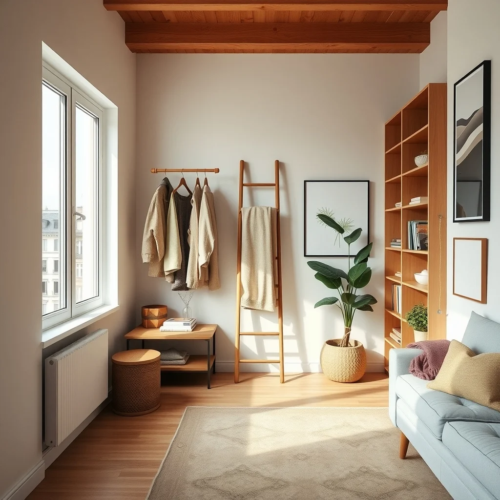 Wide view of a compact apartment showcasing vertical storage rolling wardrobe coat rack ladder and curtain covered bookshelf unified by a neutral palette warm wood tones and abundant natural light epitomizing stylish efficiency