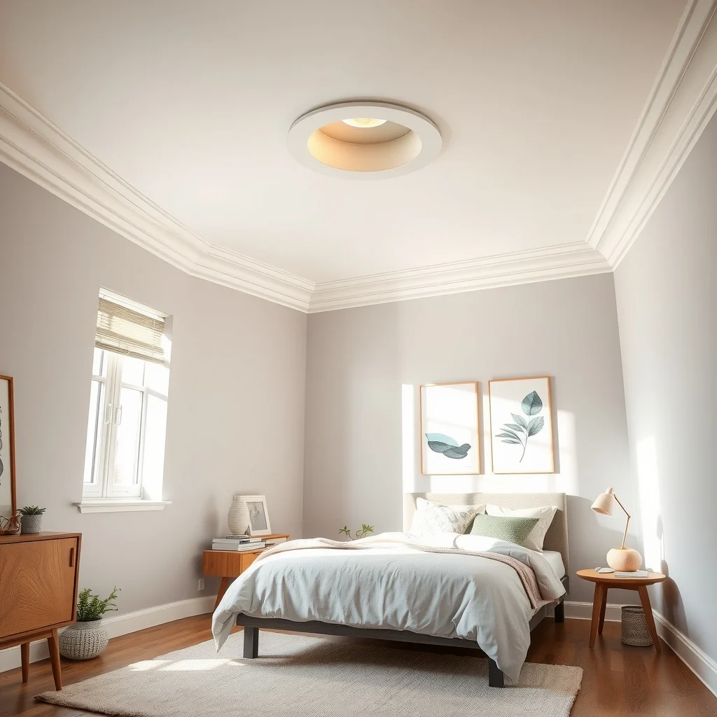Wide view of a compact bedroom ceiling featuring a low profile recessed can with dimmer soft diffused warm light casting gentle shadows on light gray walls white crown molding and a subtle pastel rug