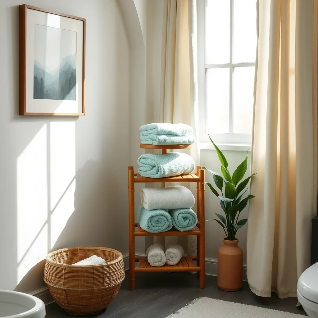 Zen style bathroom corner features a tiered bamboo towel stand three levels of rolled sea foam towels natural light filtering through linen curtains